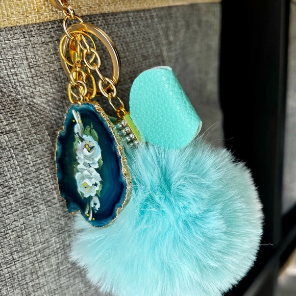 Turquoise Fur Pom Pom upcycled jewelry bag charm with Gold Chain - Picture 6 of 8